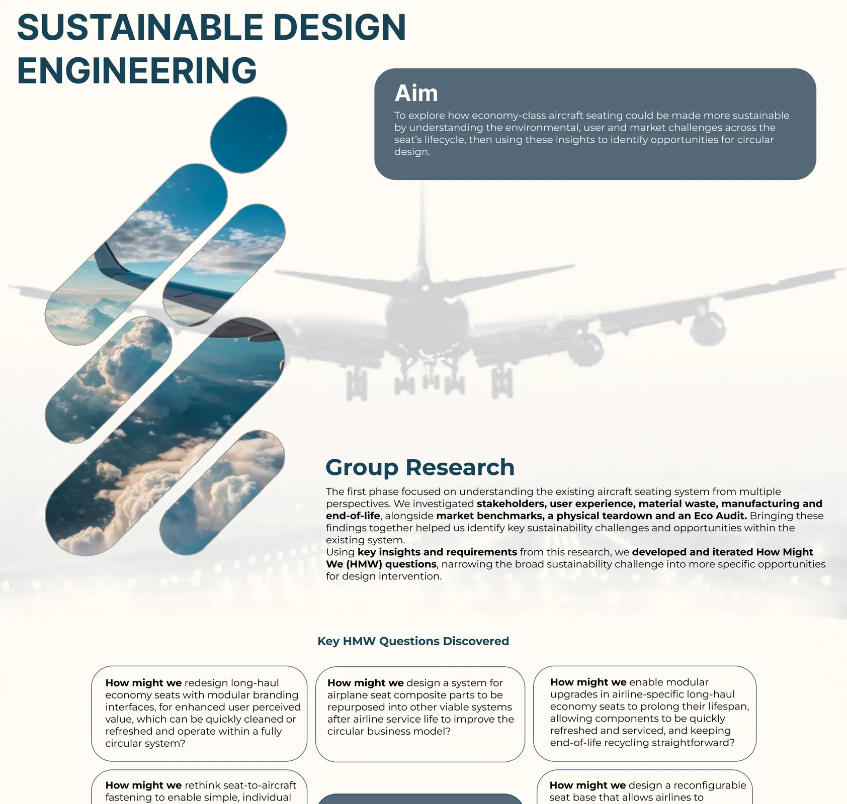 Sustainable Design Engineering. Aim: to explore how economy-class aircraft seating could be made more sustainable by understanding the environmental, user and market challenges across the seat’s lifecycle, then identifying opportunities for circular design. Group research: investigating stakeholders, user experience, material waste, manufacturing and end of life, market benchmarks, a physical teardown and an Eco Audit, then developing How Might We questions.