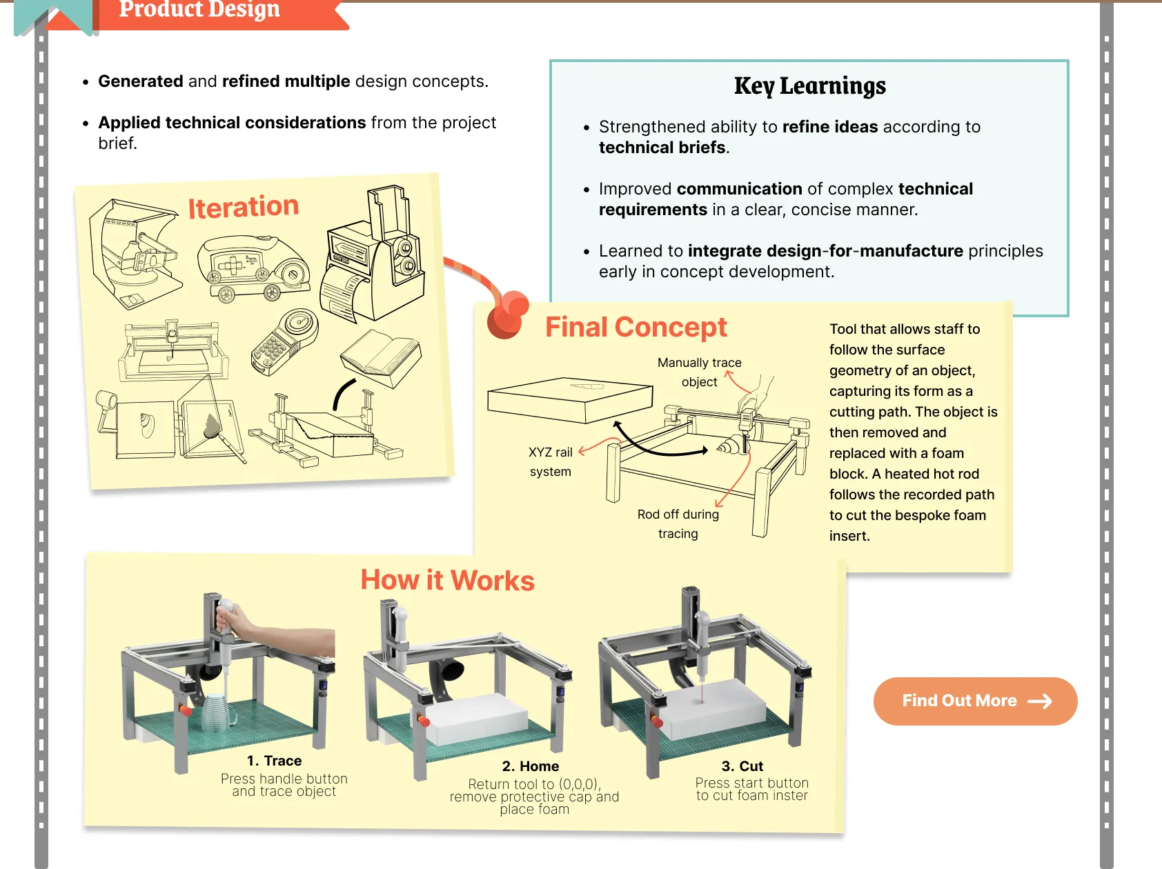 Individual development, product design: generating and refining design concepts, with iteration sketches, the final concept that traces an object and cuts a bespoke foam insert with a heated rod on an XYZ rail system, and how it works: trace, home, cut.