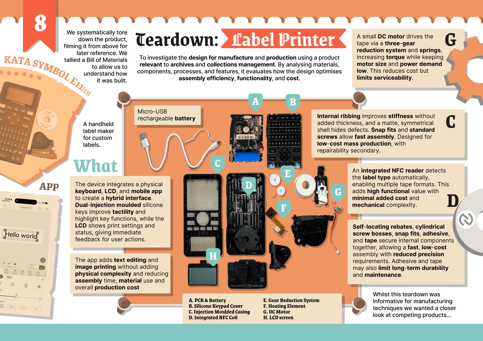 Teardown of a handheld label printer, examining its PCB and battery, keypad, casing, NFC coil, gear reduction, heating element, DC motor and screen to inform design for manufacture.