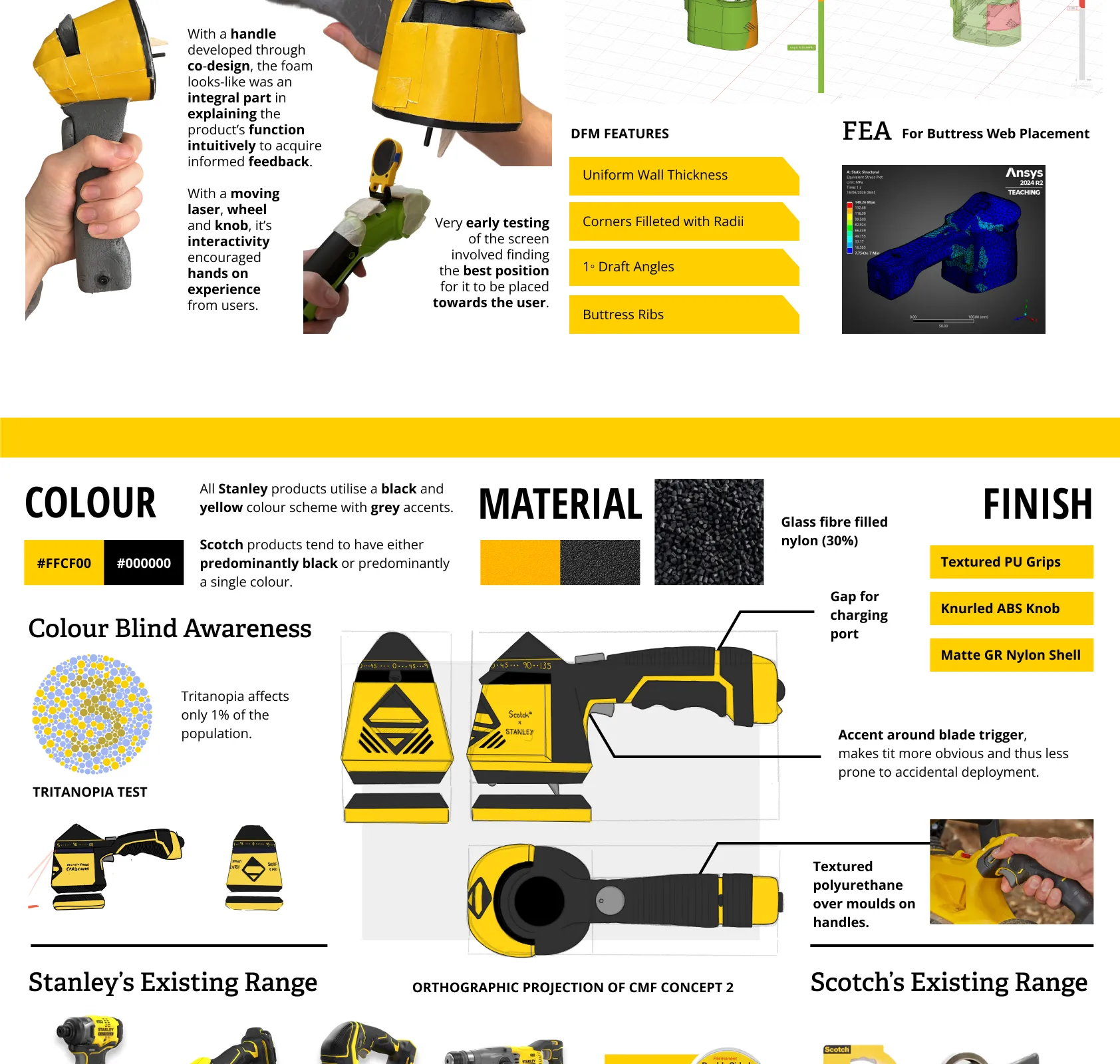 Colour, material and finish: Stanley and Scotch colour schemes, colour blind awareness, glass fibre filled nylon and textured grips.
