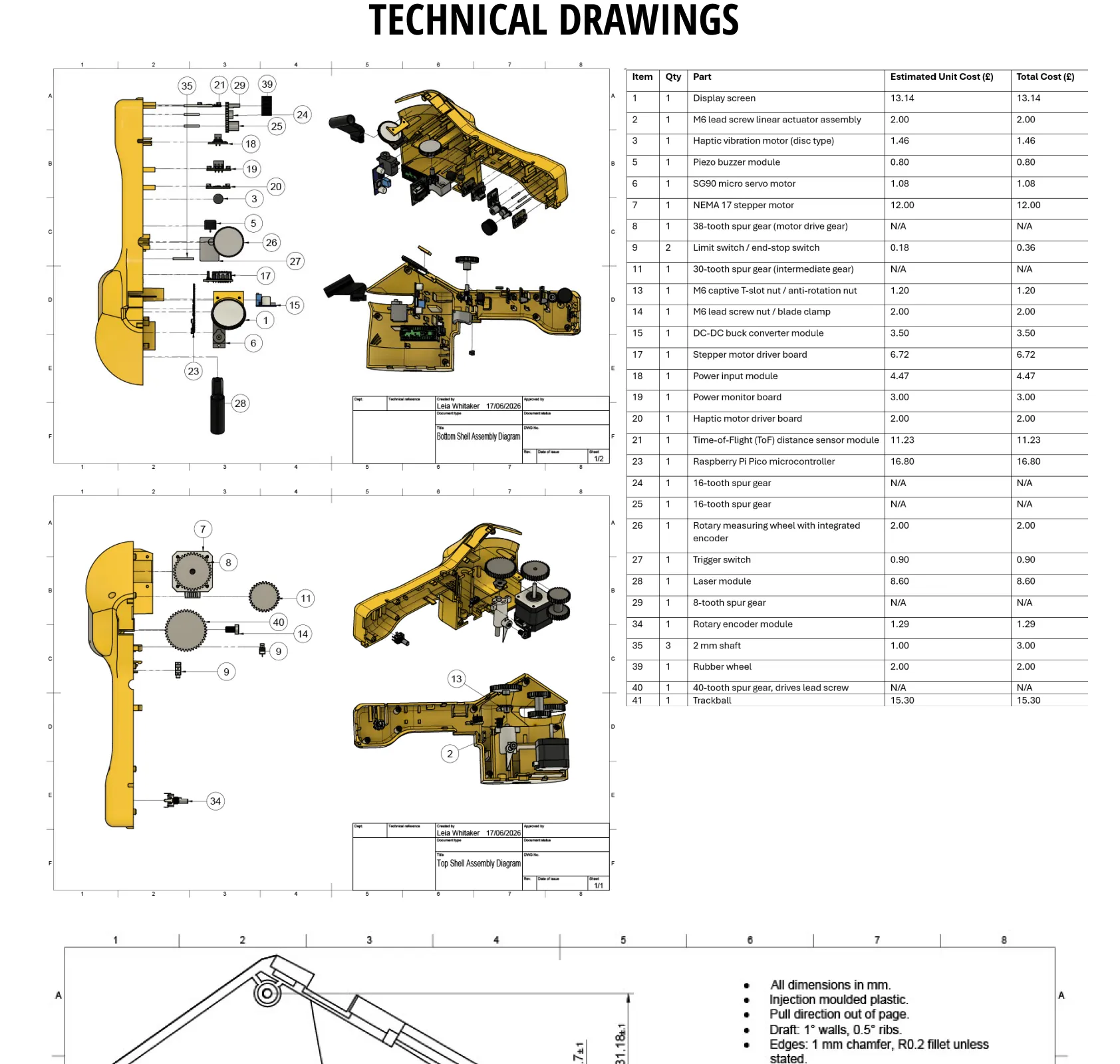 Technical drawings continued: shell sections and dimensions.