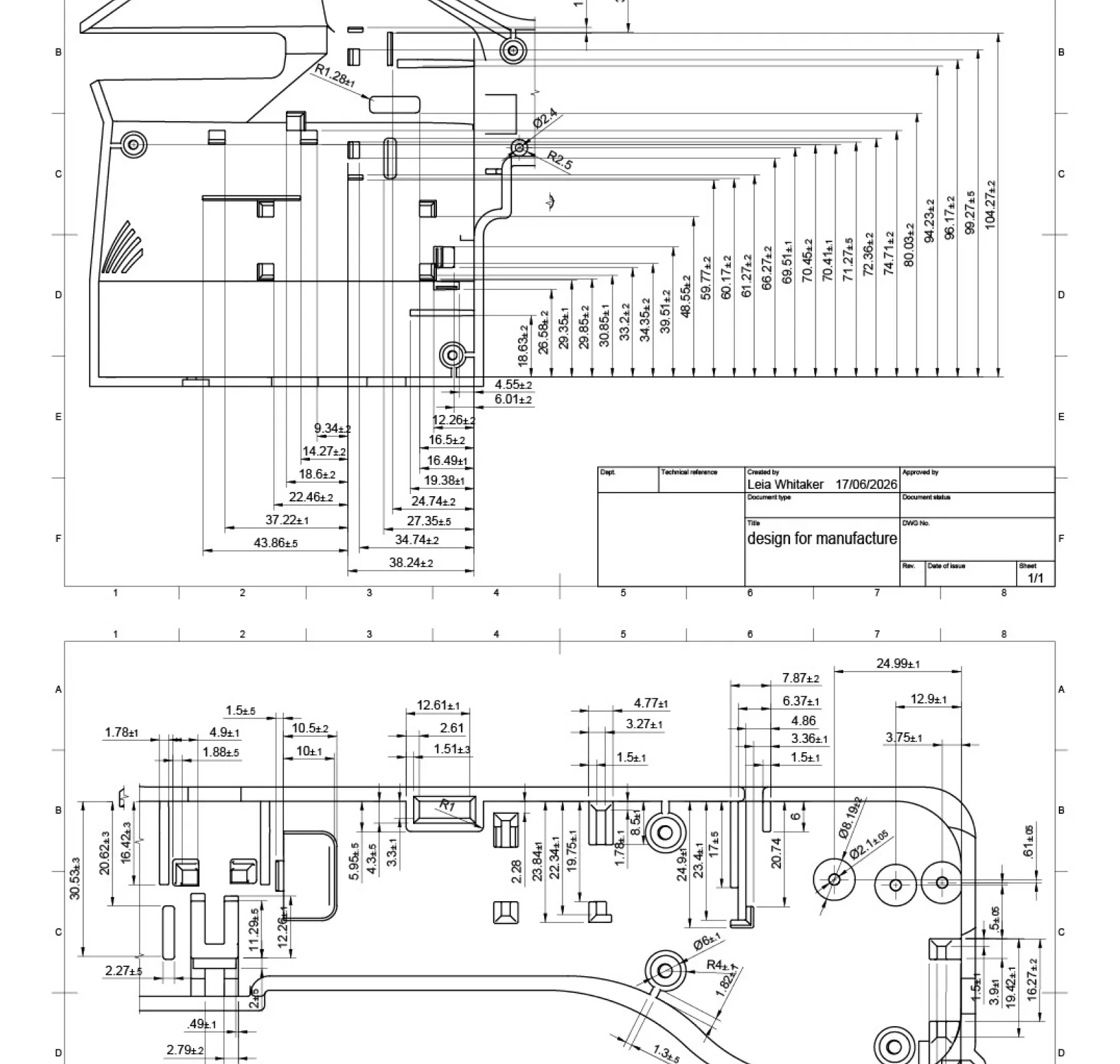 Technical drawings continued: bottom shell, design for manufacture.