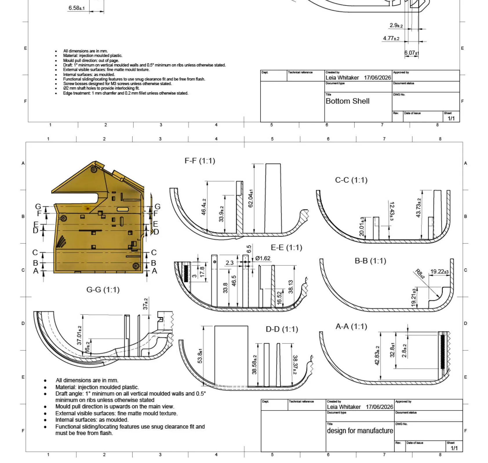 Technical drawings continued: cross sections and handle extruded lengths.