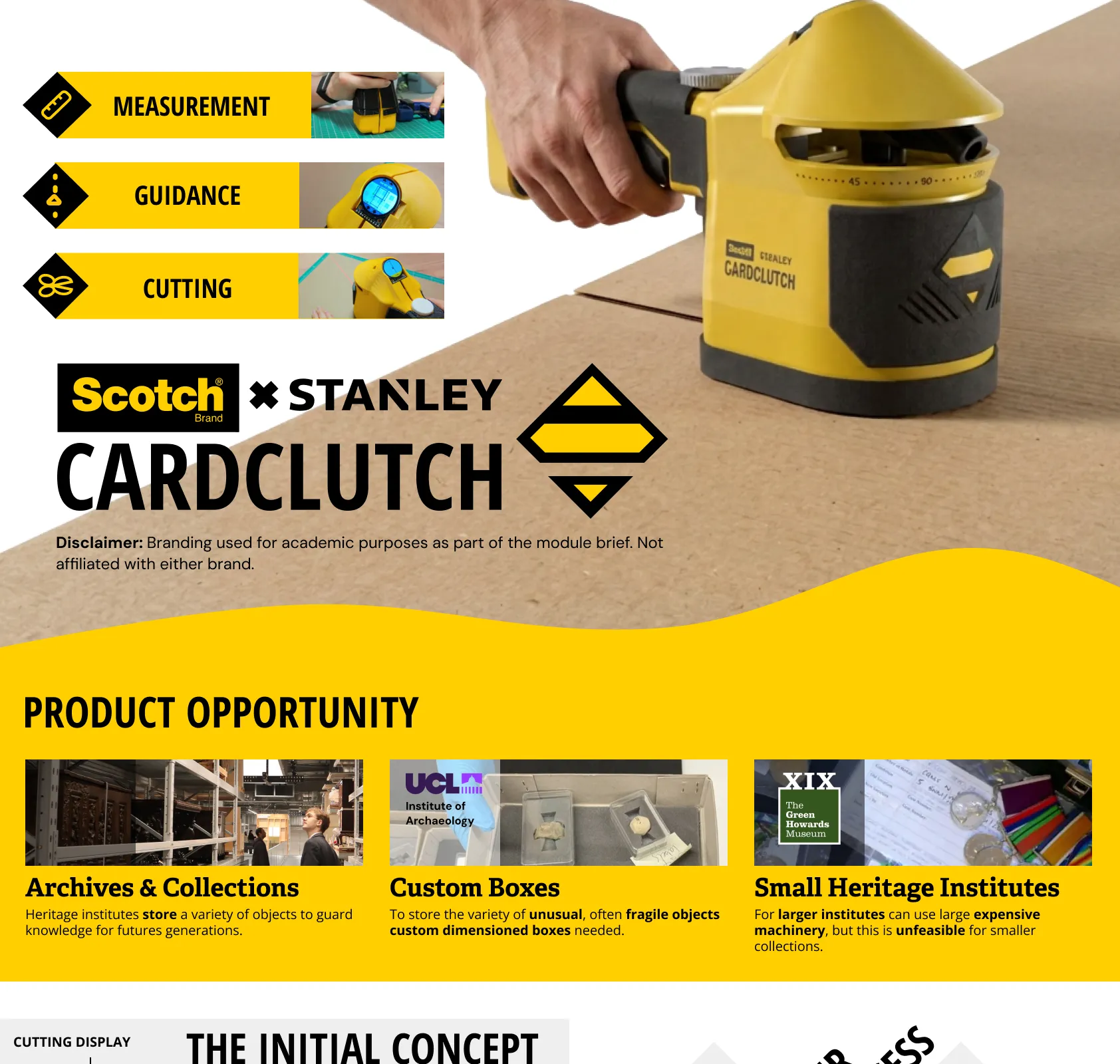 CardClutch by Scotch × Stanley: a handheld guided card cutter combining measurement, guidance and cutting. Product opportunity: archives and collections, custom boxes and small heritage institutes. The initial concept, a programmable box cutter, and our process: discover, define, develop, deliver.