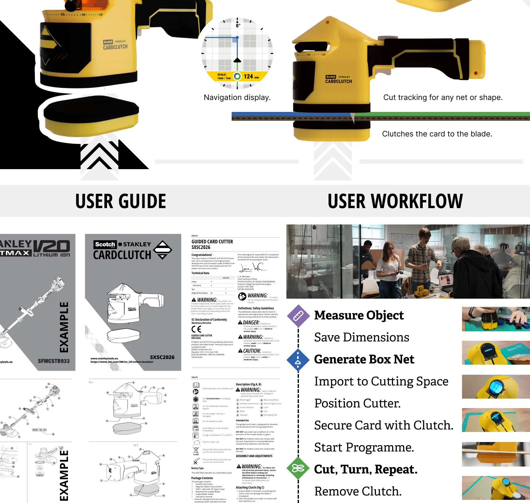 User guide and user workflow: measure the object, save dimensions, generate a box net, import to the cutting space, position the cutter, secure the card with the clutch, start the programme, cut, turn, repeat, remove the clutch.