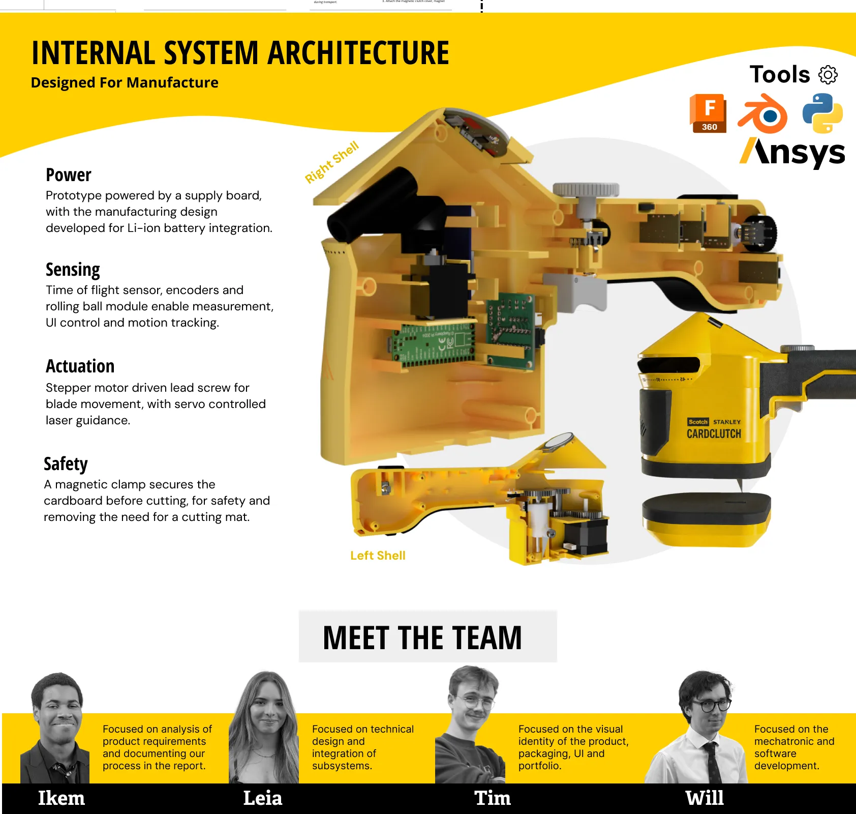 Internal system architecture, designed for manufacture. Power, sensing (time of flight sensor, encoders and a rolling ball module), actuation (stepper motor lead screw and servo laser guidance) and safety (magnetic clamp). Tools: Fusion 360, Blender, Python and Ansys. Meet the team: Ikem, Leia, Tim and Will.