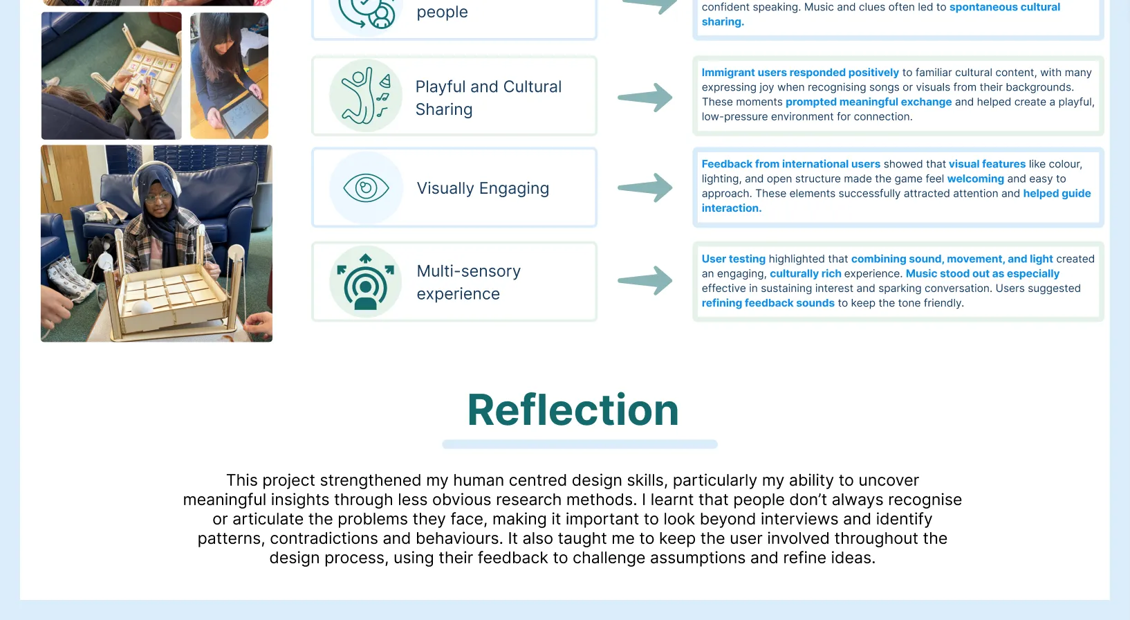 Reflection: the project strengthened human centred design skills, especially uncovering insights through less obvious research methods and keeping users involved throughout to challenge assumptions and refine ideas.