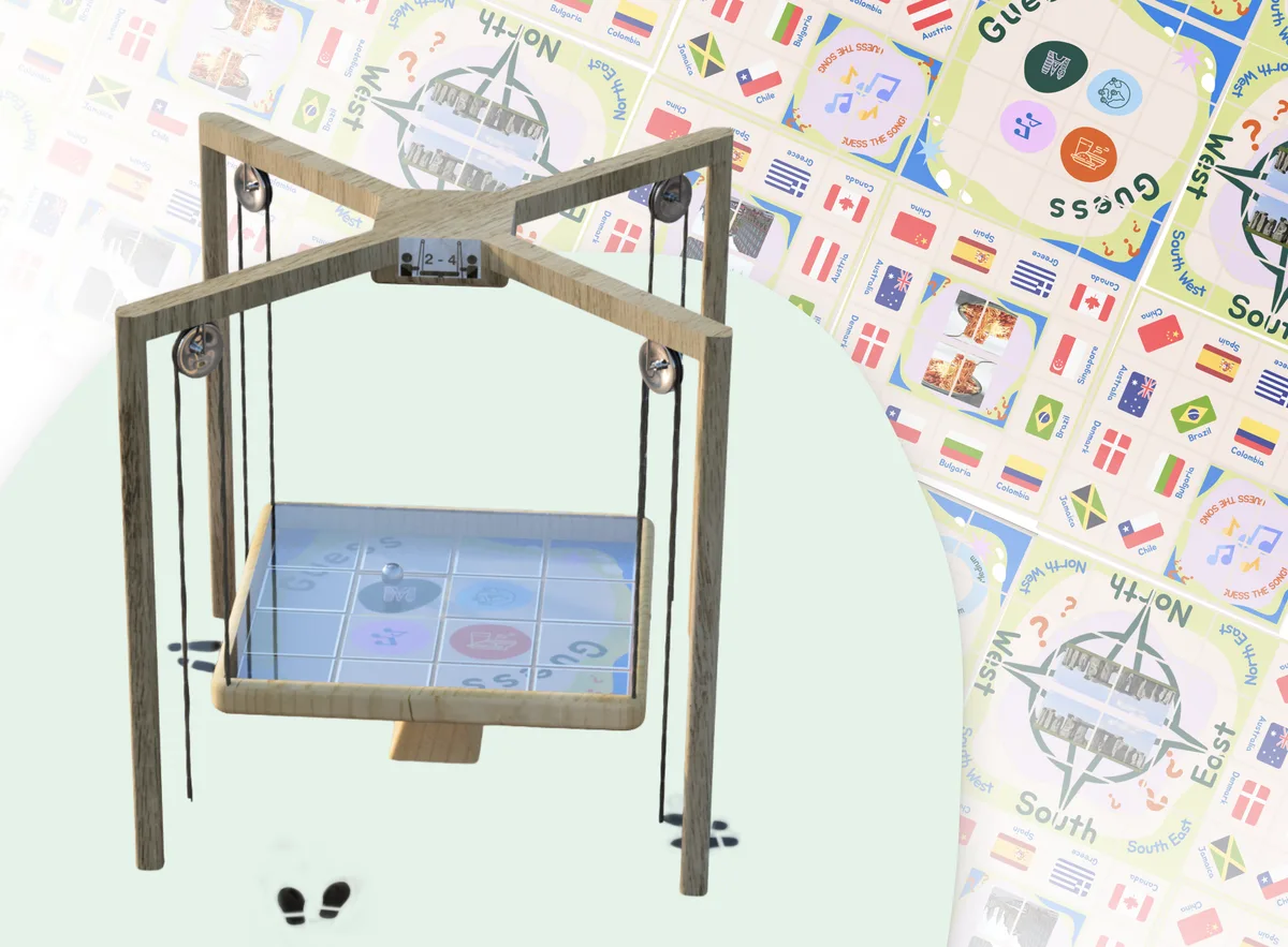 Tilt Quest, a tilting musical table game played by several people